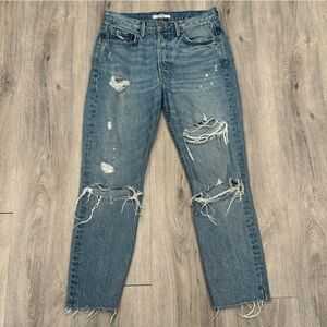 GRLFRND Karolina Casual Distressed Blue Denim High Rise Straight Leg Crop Jeans